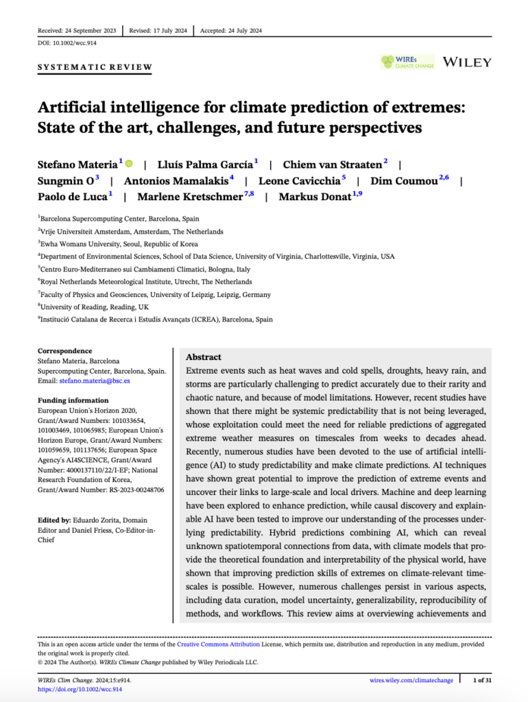 Artificial intelligence for climate prediction of extremes: State of the art, challenges, and future perspectives