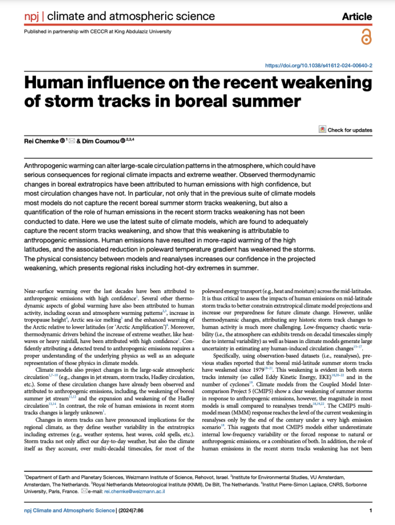 Human influence on the recent weakening of storm tracks in boreal summer